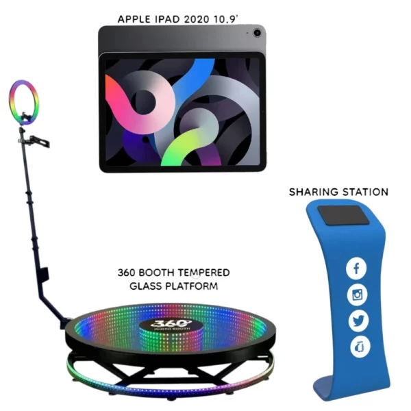 360 Photobooth: piattaforma in vetro temperato con stazione di condivisione (Ipad).